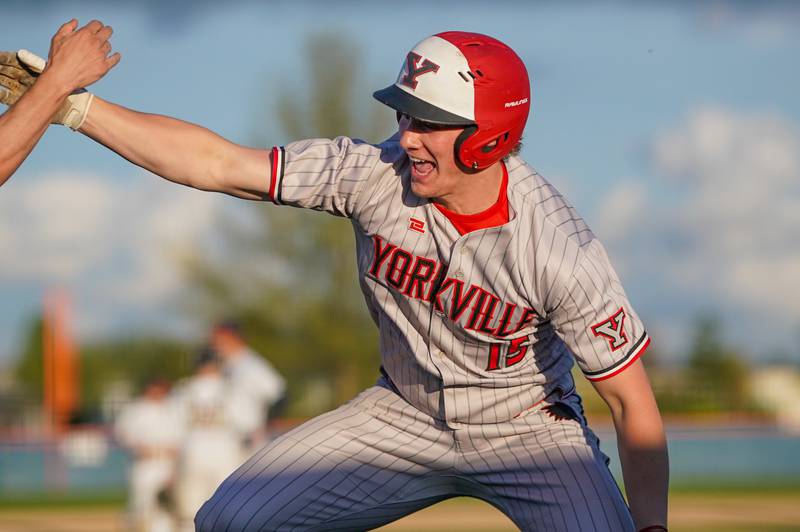 Yorkville's Nate Harris (15) celebrates after hitting a grand slam against Oswego during a baseball game at Oswego High School on Monday, April 29, 2024.