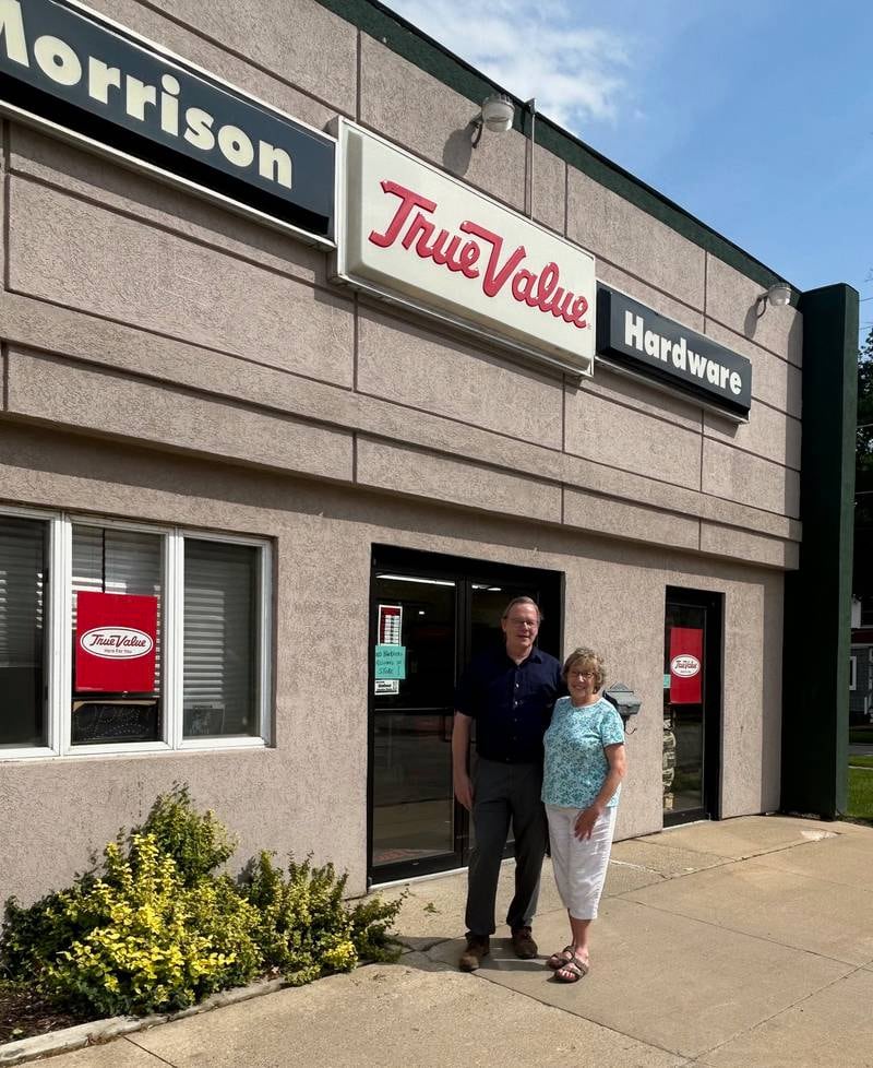 Don and Jackie Jevne are shown in front of Morrison True Value, 104 S. Genesee St., Morrison.