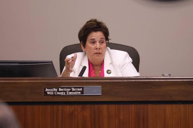Will County Executive Jennifer Bertino-Tarrant speaks at the Will County board meeting on Thursday, Aug. 17, 2023 in Joliet.