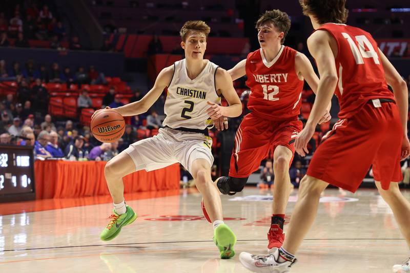 Yorkville Christian’s Jaden Schutt makes a play against Liberty in the Class 1A championship game at State Farm Center in Champaign. Friday, Mar. 11, 2022, in Champaign.