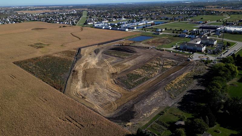 An overview shows the 34-acre Minooka property where a groundbreaking took place Oct. 10 for The Preserve at Heritage Woods, featuring 46 duplex homes as part of a multi-phase project creating a continuing care retirement community.