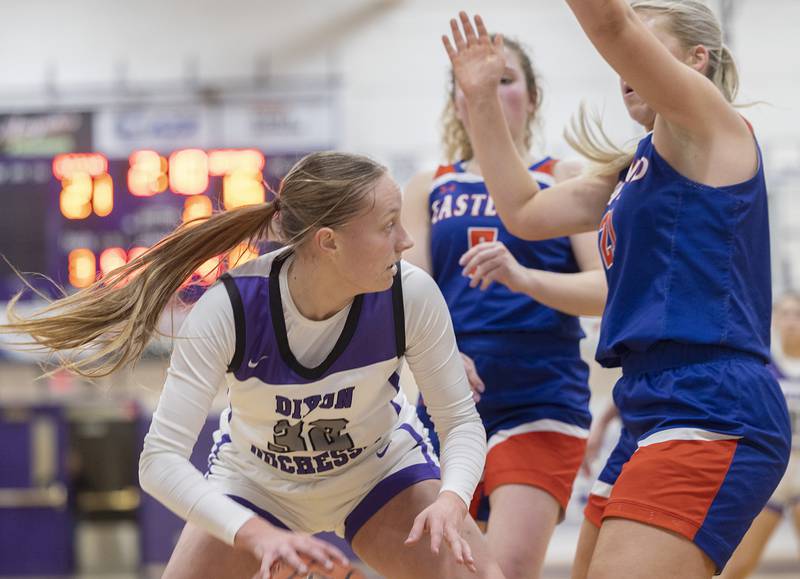 Dixon’s Makenzie Toms works below the basket against Eastland Wednesday, Jan. 24, 2024 at Dixon High School.