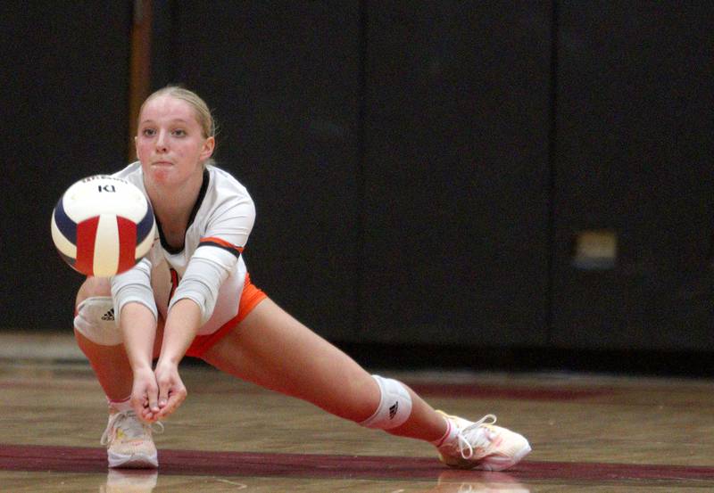 Crystal Lake Central’s Tessa Popp passes the ball during a Fox Valley Conference volleyball match on Tuesday, Aug. 27, 2024, at Huntley High School.