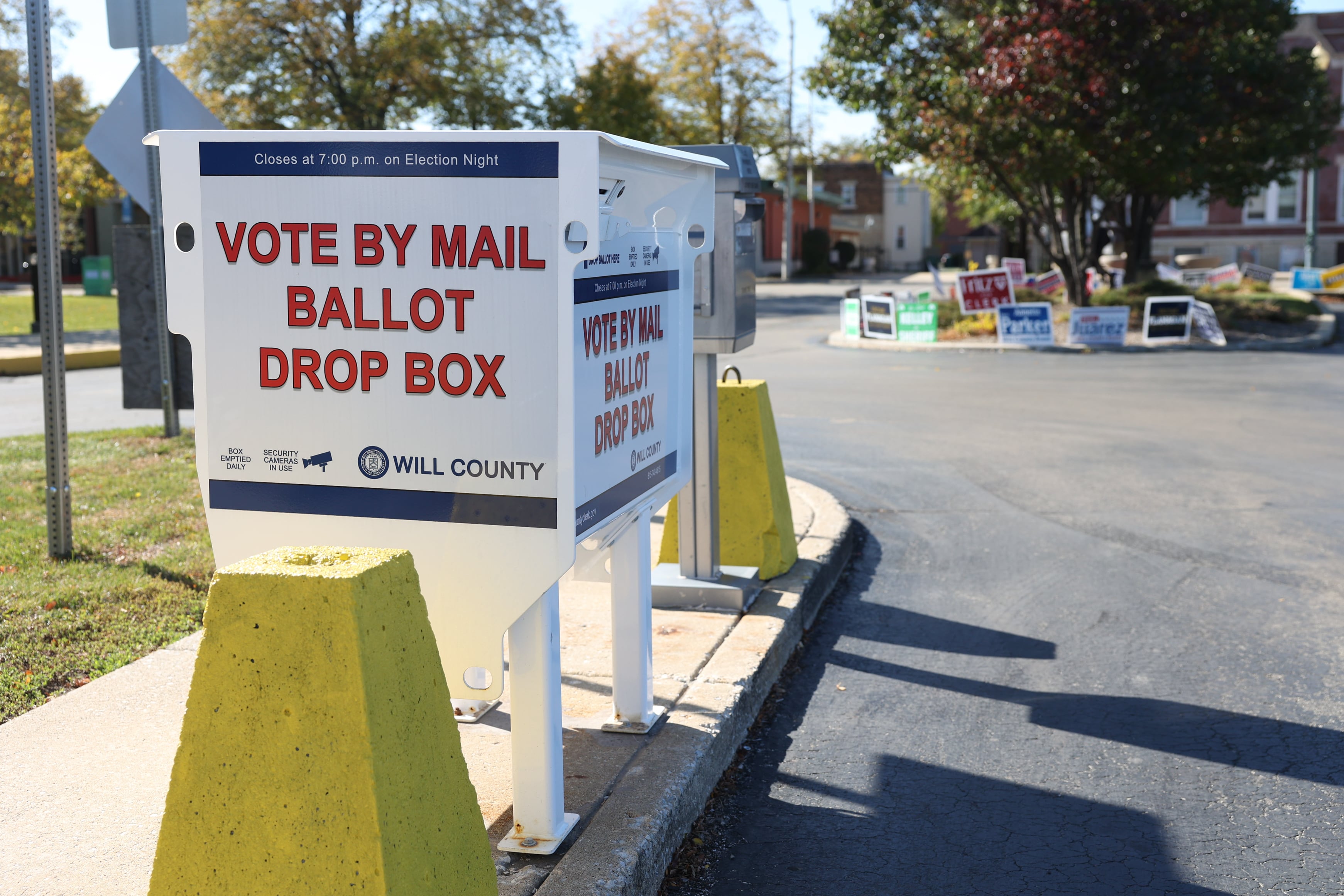 A mail ballot drop box sits outside the Will County Office Building in Downtown Joliet.