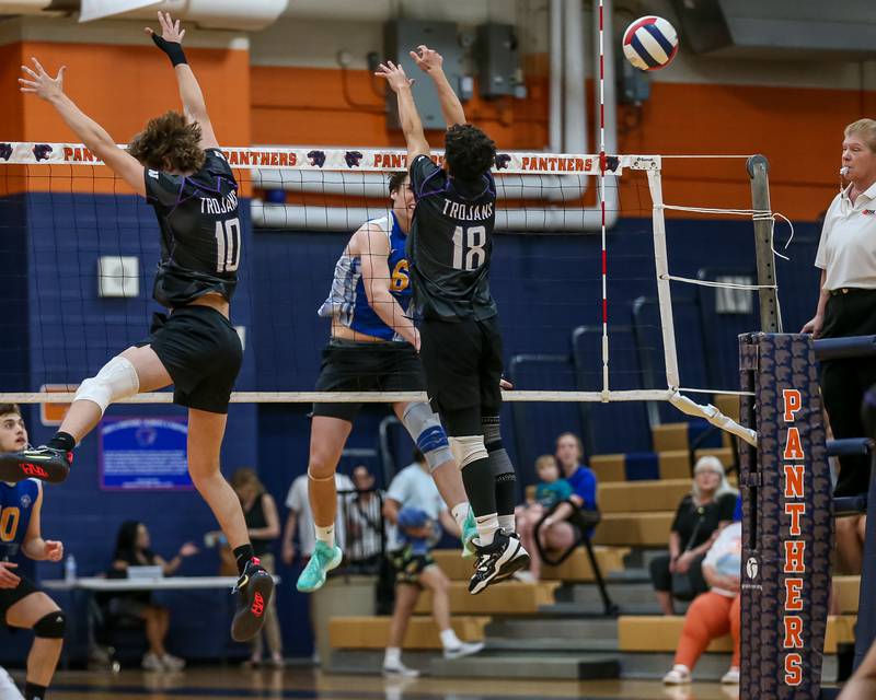 Lyons Luka Kostic (6) smashes the ball over the net during Oswego Sectional final between Downers Grove North at Lyons.  May 30, 2023.