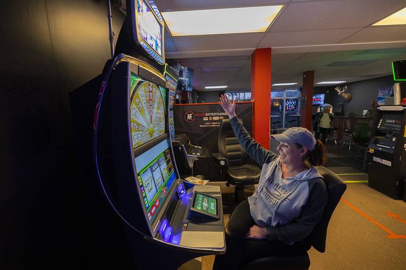Dawn Schmall of Rock Falls reacts to a win Tuesday, Feb. 13, 2024 while playing at Vegas Slots in Sterling.