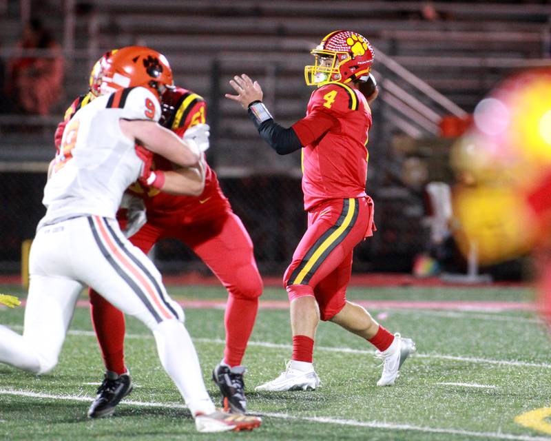 Batavia quarterback Body Anderson throws the ball on Friday, Oct. 18, 2024 during a game against Wheaton Warrenville South in Batavia.