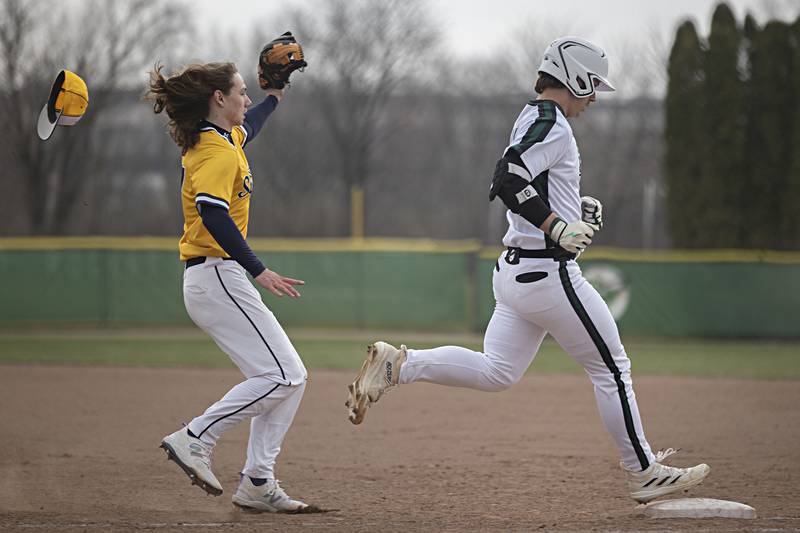 Sterling’s Eli Penne is late covering first base against Rock Falls Friday, March 29, 2024 at Rock Falls High School.