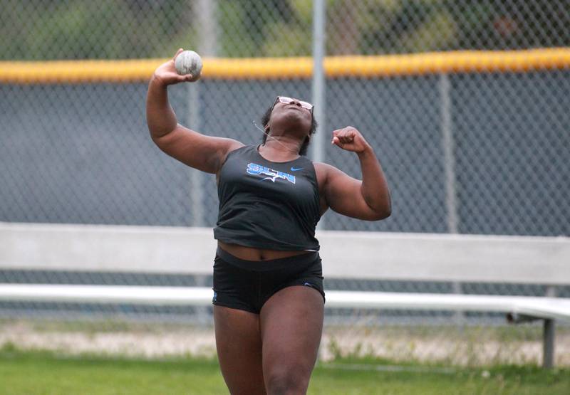 St. Charles North’s Tosin Oshin competes in the shot put during the DuKane Conference Girls Outdoor Championships at Lake Park in Roselle on Thursday, May 2, 2024.