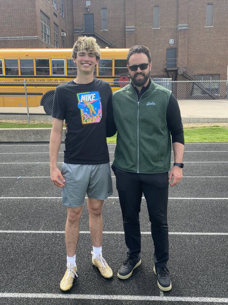 Princeton High School junior Noah LaPorte (left) received an offer to play football from Michigan State University tight ends coach Brian Wozniak.