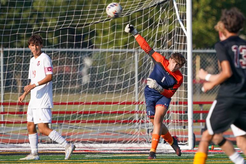 Oswego’s Cristian Lopez (1) throws the ball in during a soccer match against Yorkville at Yorkville High School on Tuesday, Sep 17, 2024.