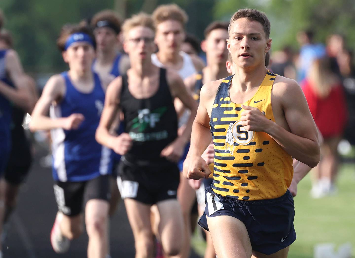 Sterling’s Dale Johnson leads the 3,200-meter run Thursday, May 16, 2024, during the Class 2A boys track sectional at Sycamore High School.