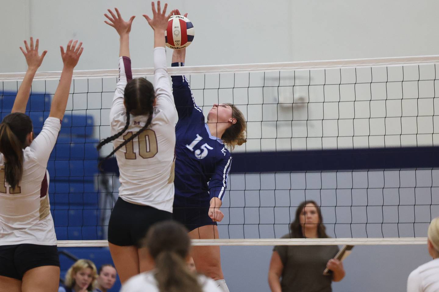 Plainfield South’s Savannah Stepanek goes up for the kill against Morris on Monday, Sept. 25, 2023 in Plainfield.