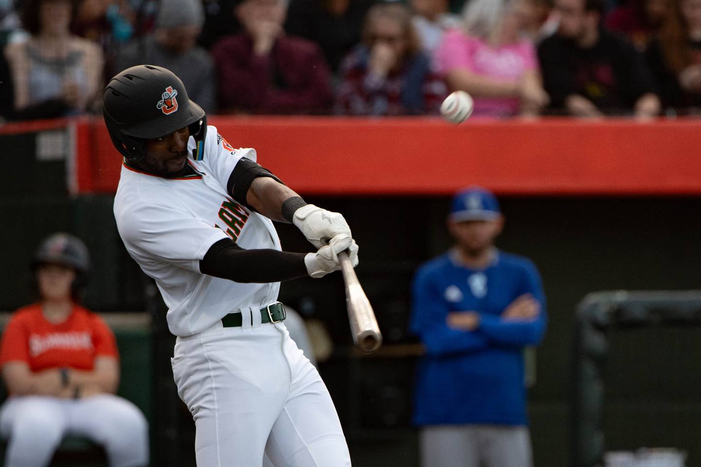 Spencer Griffin hits a double during the Joliet Slammers home opener Friday May 10, 2024 at Duly Health and Care Field in Joliet