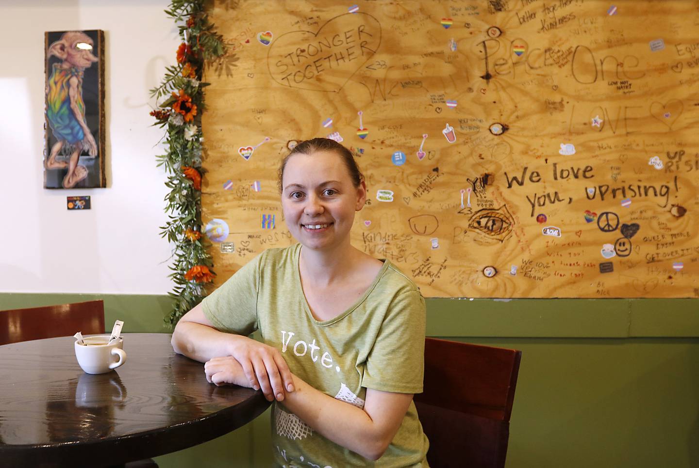 Corinna Sac, the owner of UpRising Bakery and Cafe, 2104 W. Algonquin Road in Lake in the Hills, on Tuesday, Oct. 4, 2022. After opening a bakery in 2021, Sac began hosting events to try and supplement her business' income. One of those events – a drag brunch – led to threats and vandalism but also an outpouring of support.