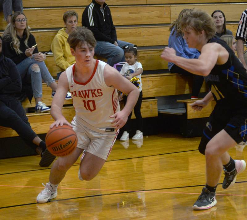 Oregon's Keaton Salsbury (10) drives against Rockford Christian during the third place game at the Oregon Thanksgiving Tournament on Saturday, Nov. 25, 2023 in Oregon.