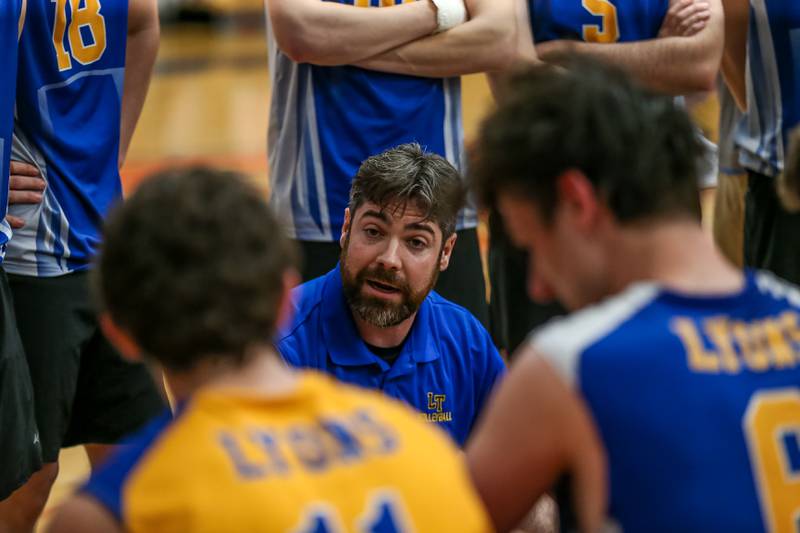 Lyons head coach Brad Skendzel instructs the team during Oswego Sectional final between Downers Grove North at Lyons.  May 30, 2023.