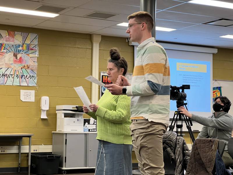 Beth Marie Evans and Alex Grados were sworn-in as members of the Sycamore Community School District 427 Board of Education at the same time on Tuesday, April 25, 2023 at Sycamore Middle School.