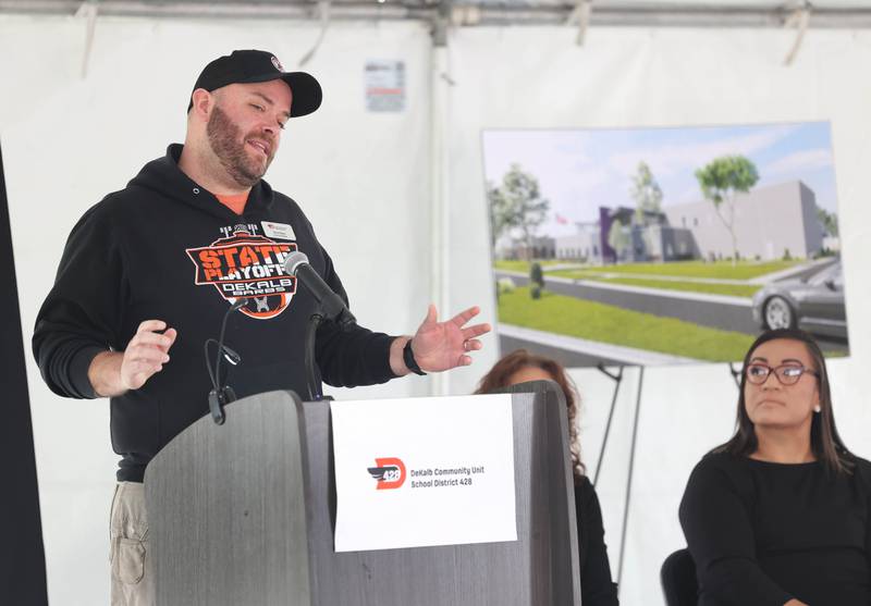 District 428 School Board Vice President Steve Byers speaks Thursday, April 11, 2024, during the groundbreaking ceremony for Dr. Leroy A. Mitchell Elementary School. The school will be located at 1240 Normal Road in DeKalb.