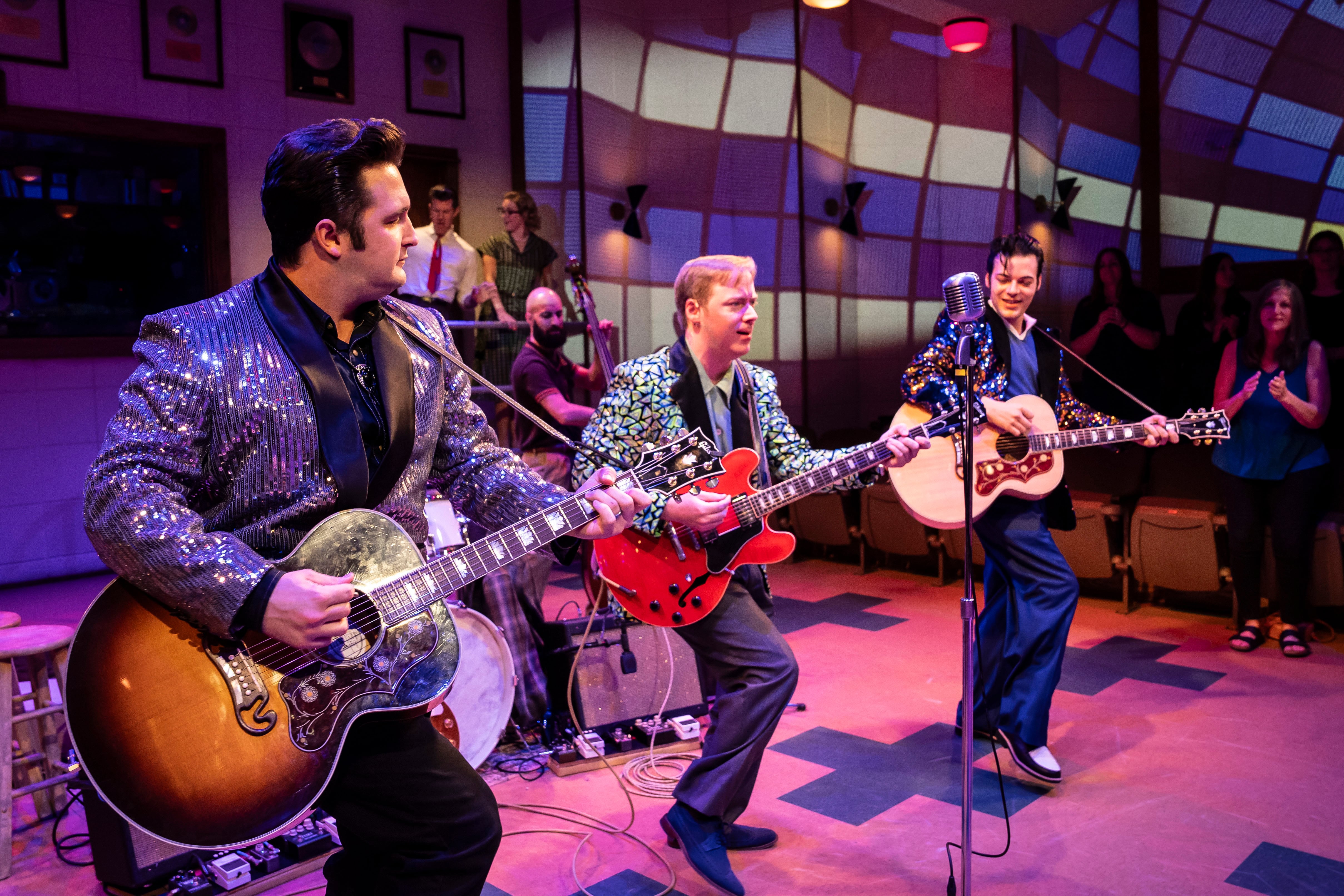 (from left) Bill Scott Sheets plays Johnny Cash, Christopher Wren is Carl Perkins and Alex Swindle plays Elvis Presley in Million Dollar Quartet, the inaugural production at Paramount Theatre’s new Stolp Island Theatre, 5 E. Downer Place, Suite G, in downtown Aurora. Performances have already been extended through December 29, 2024 due to popular demand. Tickets: paramountaurora.com or (630) 896-6666. Credit: Liz Lauren