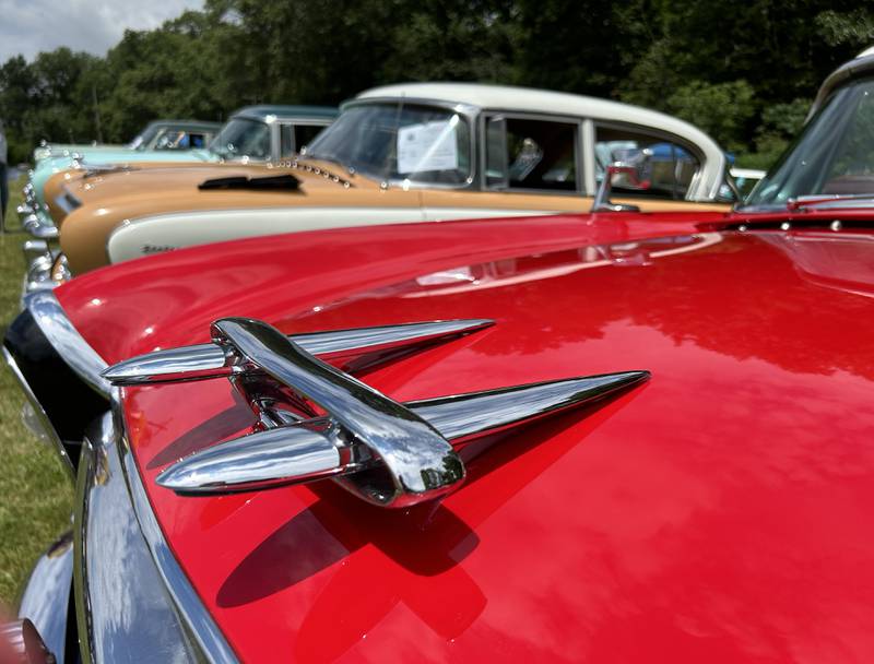 Chrome hood ornaments on vintage Nash cars glisten in the sun at the Nashional Car Show, held at the Stronghold Camp & Retreat Center on Saturday, June 29, 2024.