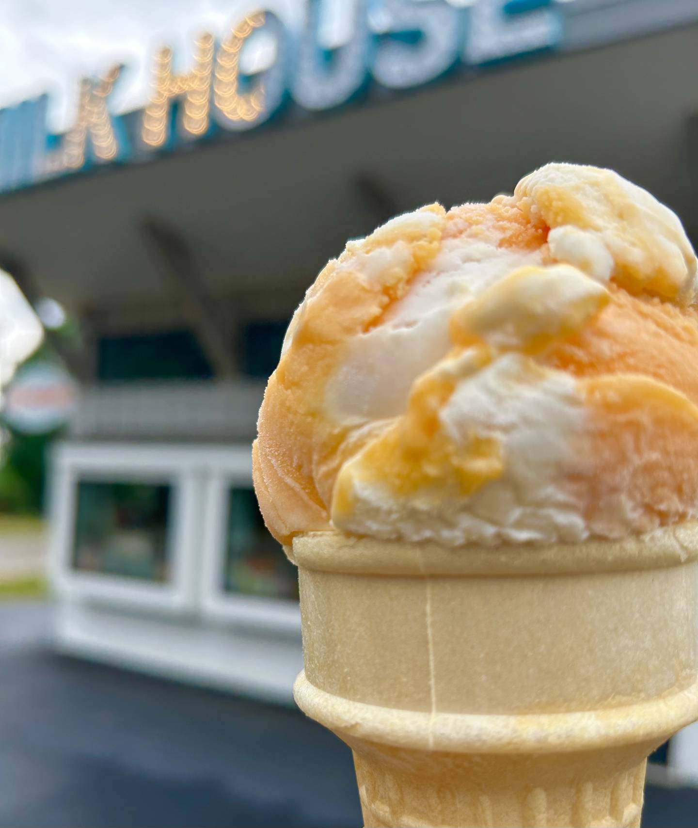 Orange & Cream ice cream cone from the Milk House in Pingree Grove.