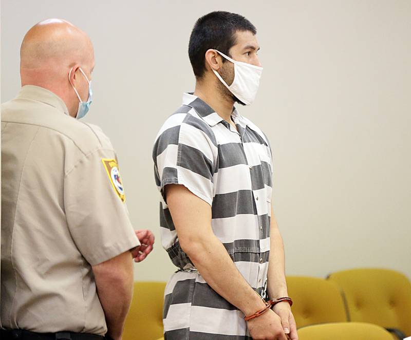 Michael Swift, 29, of Mokena, enters the courtroom at the La Salle County Governmental Complex in Ottawa on Thursday May 6, 2021. Swift has been charged with three counts for first degree murder in the stabbing death of his ex-girlfriend Grace Taylor, age 21. His trial is set for August 16. Sentencing would range from 20-60 years with no possibility of probation.