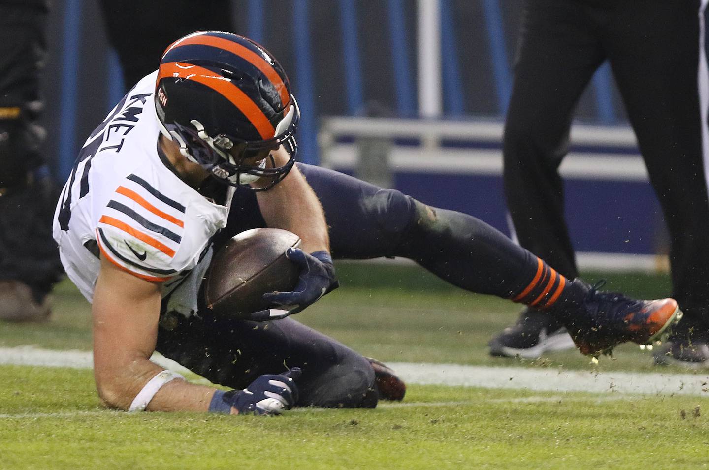 Chicago Bears tight end Cole Kmet makes a catch but is injured on the playnduring their game against the Arizona Cardinals Sunday, Dec. 24, 2023, at Soldier Field in Chicago.