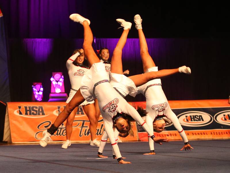 Members of the Lincoln-Way Central High School cheer team perform during the IHSA Cheer State Finals in Grossinger Motors Arena on Saturday, Feb. 4, 2023 in Bloomington.