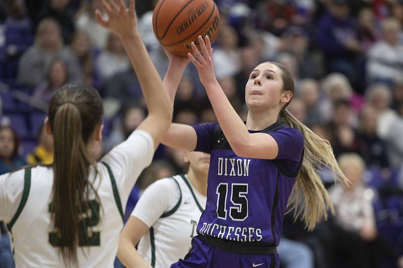 Dixon’s Morgan Hargrave puts up a shot against Boylan Friday, Feb. 16, 2024 at the class 3A Rochelle girls basketball regional.