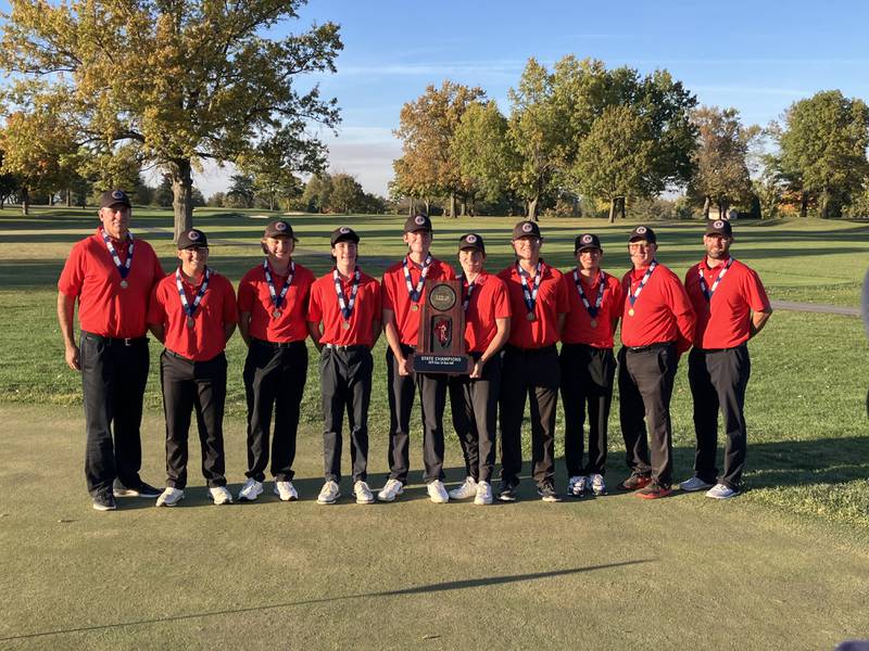 The Ottawa boys golf team won the Class 2A state championship on Saturday in Normal, the school's first state championship in any sport. Left to right: assistant coach Mark Cooper, James Threadgill, Bryer Harris, Colt Bryson, Seth Cooper, Chandler Creedon, Jacob Armstrong, Deklan Gage, assistant coach Jerry Couch, head coach Keith Budzowski.