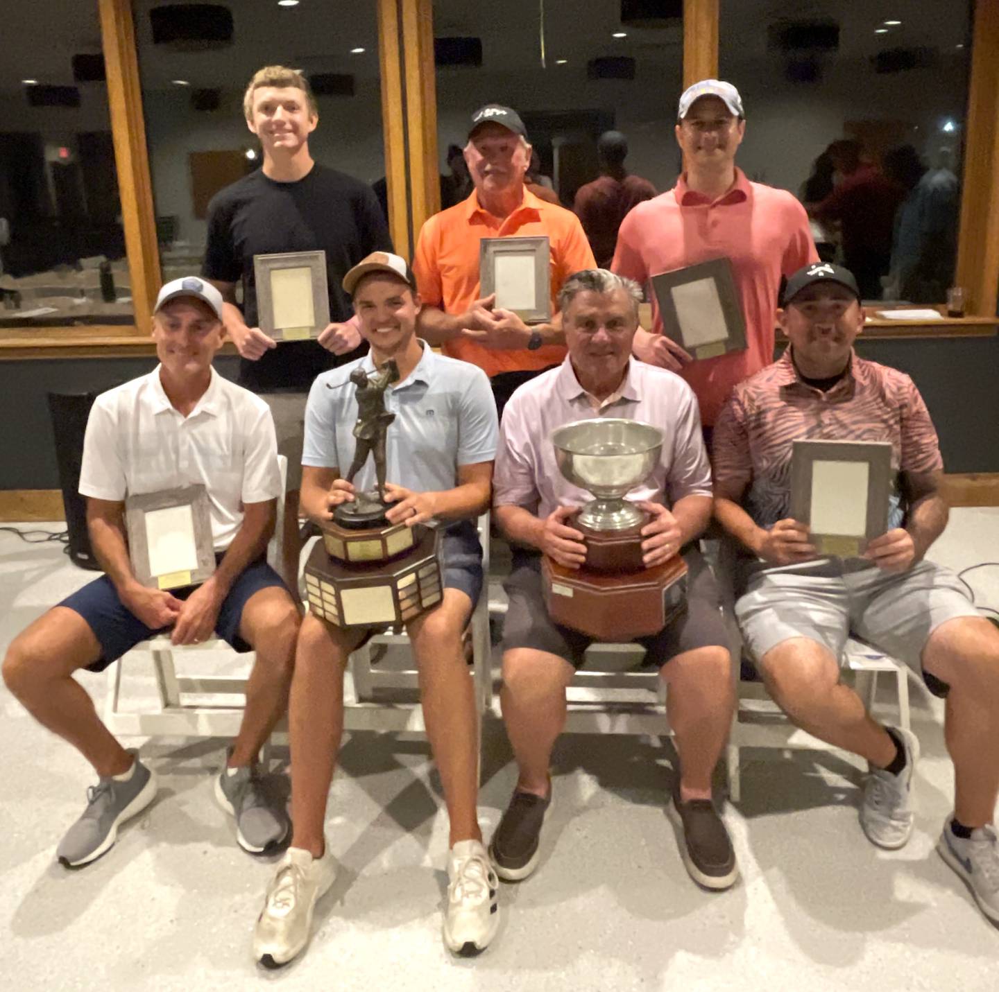 Flight champions of the 2024 Berry Memorial included, left to right: in front – Joe Cravatta (Championship 2), Baley Lehr (Championship), Tony Muscato (Senior) and Eric Arambula (A); and in back – Mitch Vickers (C), Bill Mattingly (Legends) and Jake Ferrintino (D). Not pictured is Christian Benning (B).