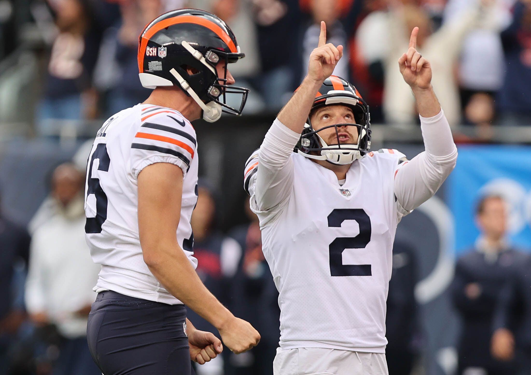 Chicago Bears place kicker Cairo Santos (2) celebrates with punter