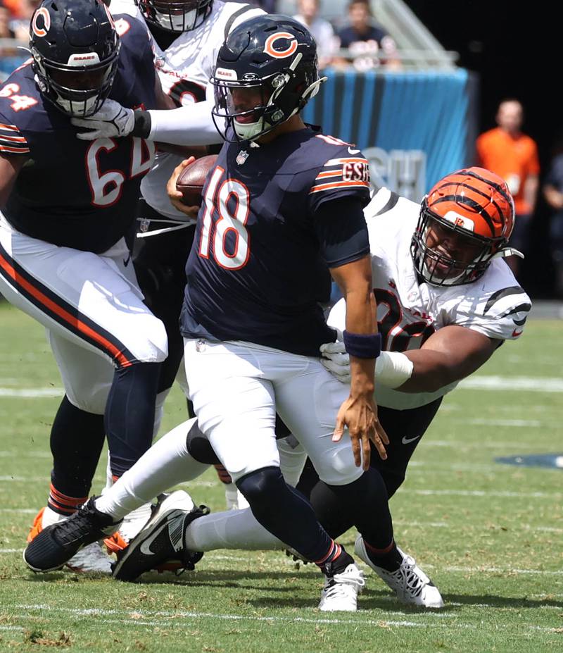 Chicago Bears quarterback Caleb Williams is sacked by Cincinnati Bengals defensive tackle Kris Jenkins Jr. during their game Saturday, Aug. 17, 2024, at Soldier Field in Chicago.