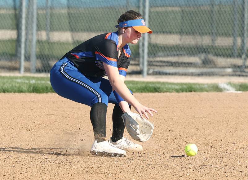 Genoa-Kingson's Olivia Vasak fields a ground ball at second base during their game against Oregon Tuesday, April 9, 2024, at Genoa-Kingston High School.
