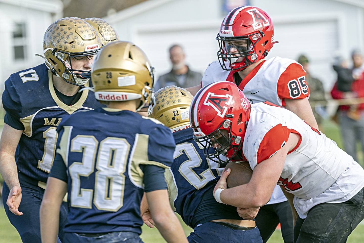 Amboy’s Quinn Leffelman punches it in for a TD against Polo Saturday, Nov. 11, 2023 during a semifinal 8-man football game in Polo.