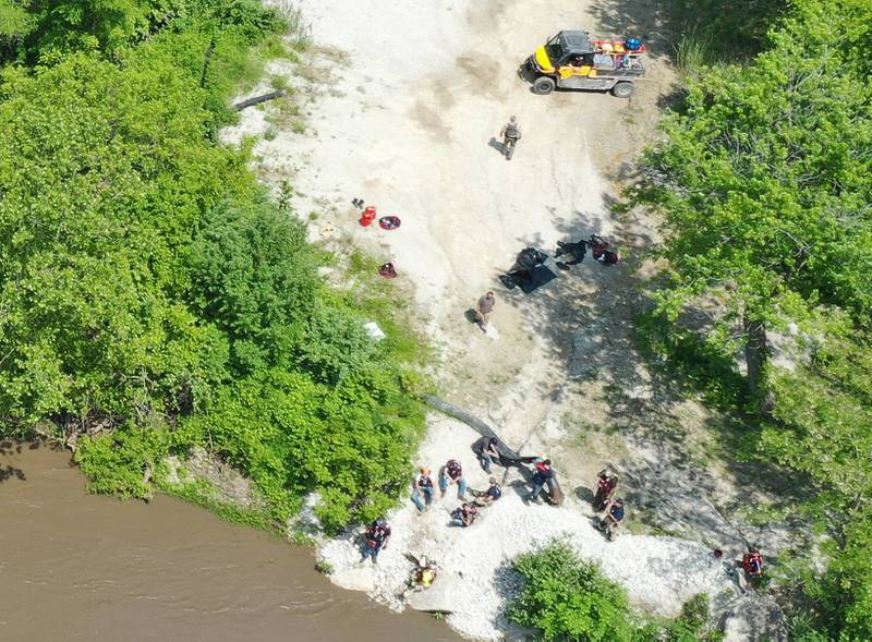 Oglesby, Utica and Tonica firefighters rescue a group of individuals who's raft overturned while on the Vermilion River on Wednesday, May 16, 2024 near Lowell. The group were stranded on a island about a half-mile west of the Illinois Route 178 bridge. The incident happened around 1p.m.