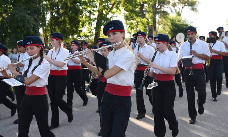 The Patriots west suburban high school band plays during the Warrenville Fourth of July Parade Wednesday, July 3, 2024.