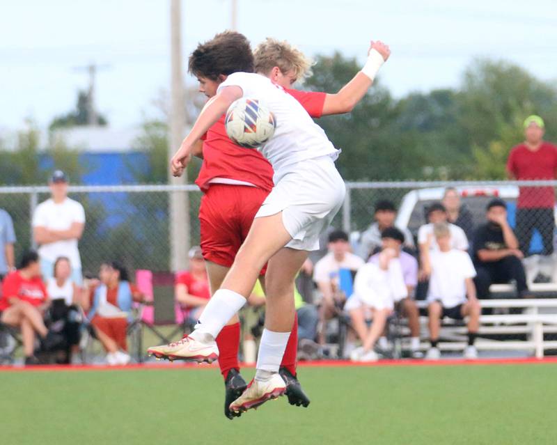 Ottawa's Mason Jaegle beats L-P's Tyler Spelich to a header on Wednesday, Sept. 18, 2024 at the L-P Athletic Complex in La Salle.