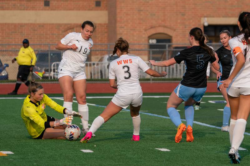 Wheaton Warrenville South's Marilyn Dixon (1) makes a diving save against St. Charles North during the Class 3A girls soccer regional final at St. Charles North High School on Friday, May 19, 2023.