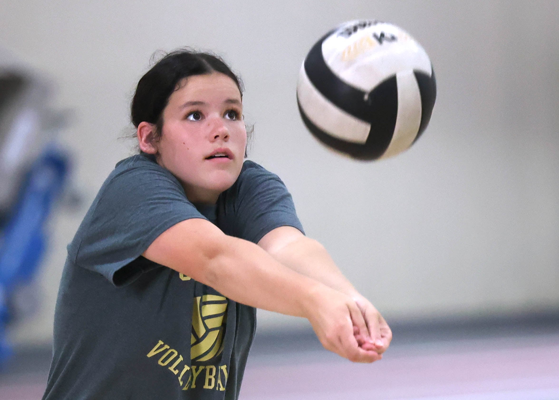 Eleanor Klacik bumps the ball during Sycamore High School volleyball camp Tuesday, July 23, 2024, at Sycamore High School.