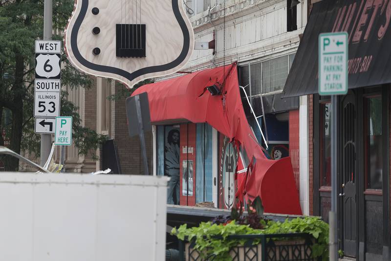 The awning of the Illinois Rock and Roll Museum on Route 66 took some damage after a storm blew through Joliet Sunday morning, July 14, 2024.