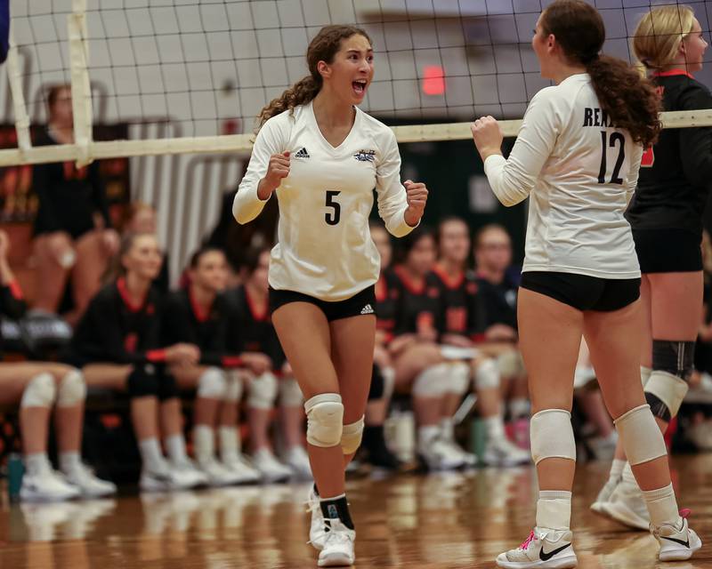 Plano's Alexa Sobieszczyk (5) celebrates a point during volleyball match between Sandwich at Plano.  Aug 21, 2023.