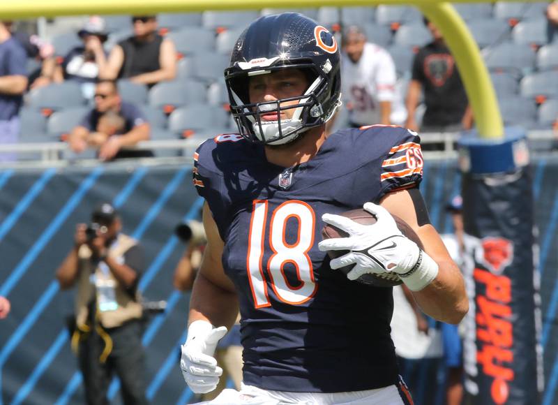 Chicago Bears tight end Robert Tonyan gets loose before their preseason game against the Tennessee Titans in August 2023 at Soldier Field in Chicago.