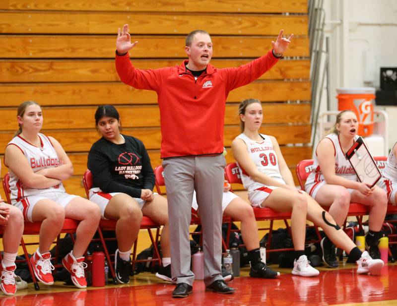 Streator head girls basketball coach Jacob Durdan coaches his team against Henry-Senachwine on Wednesday, Jan,. 4, 2023 at Streator High School.