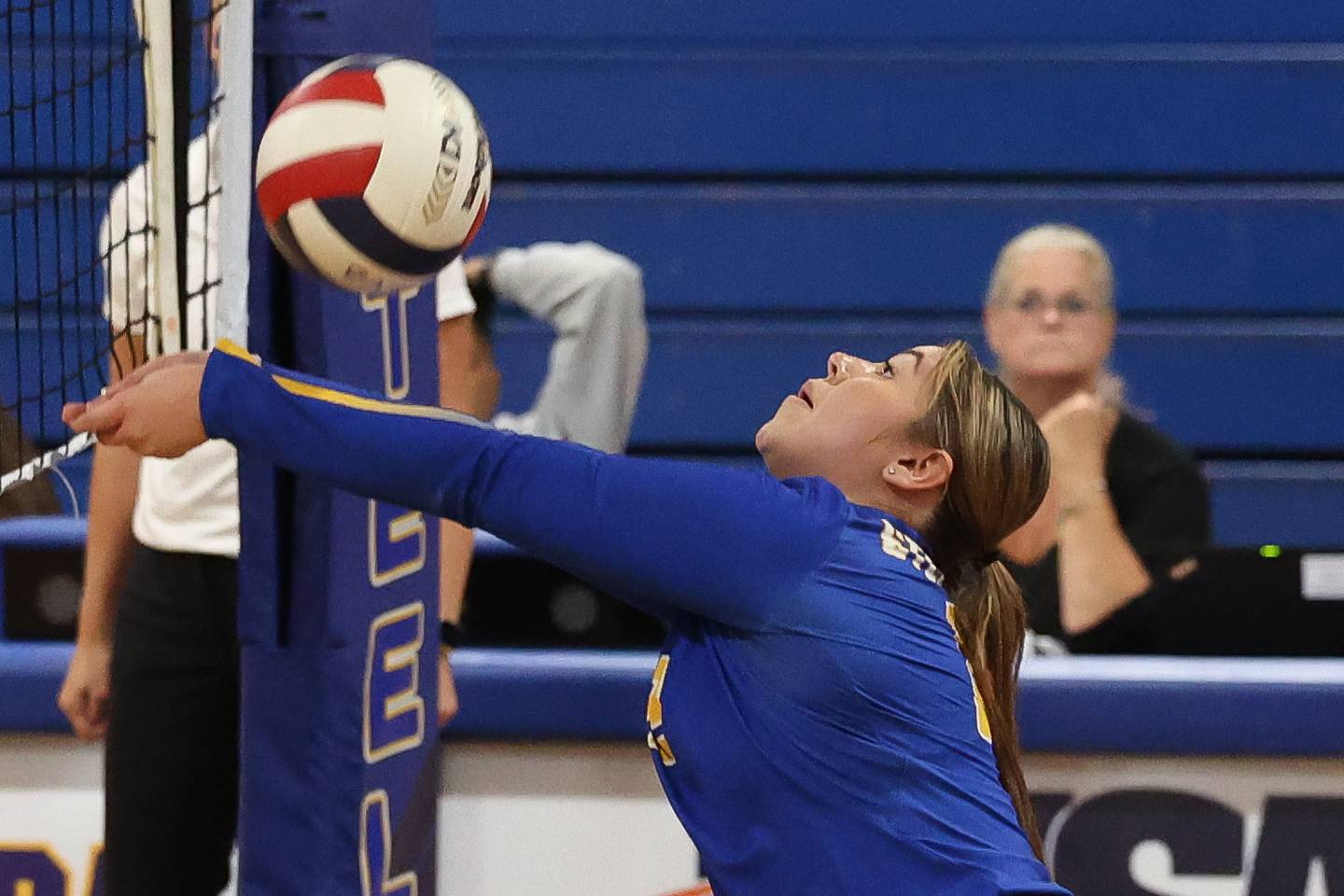 Joliet Central’s Maritza Duarte keeps the volley going against Rich Township on Tuesday, Sept. 17, 2024 in Joliet.