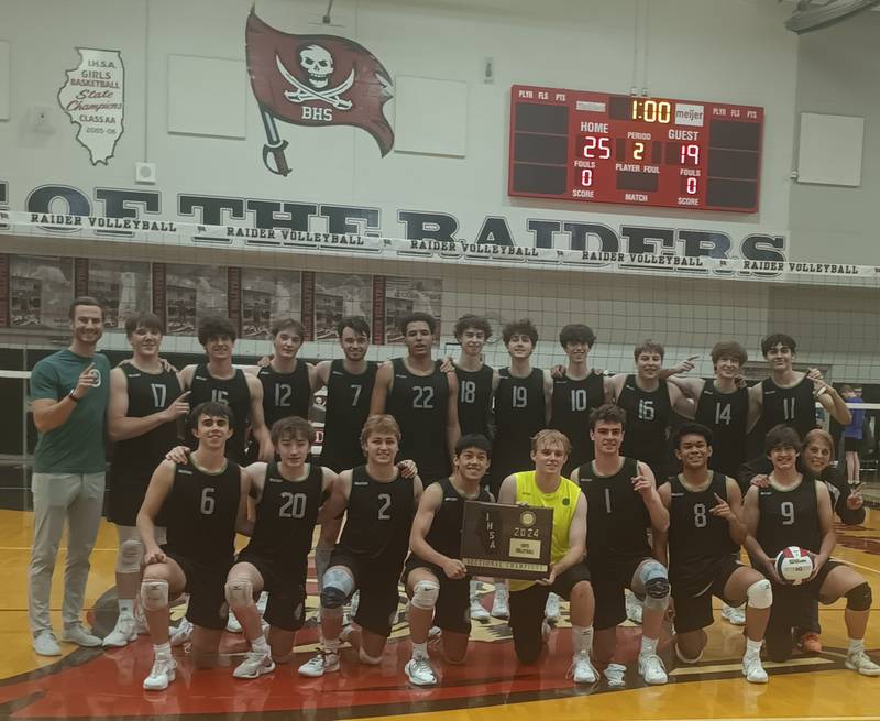 The Glenbard West boys volleyball team poses after beating Downers Grove North to win the Bolingbrook North Sectional championship.