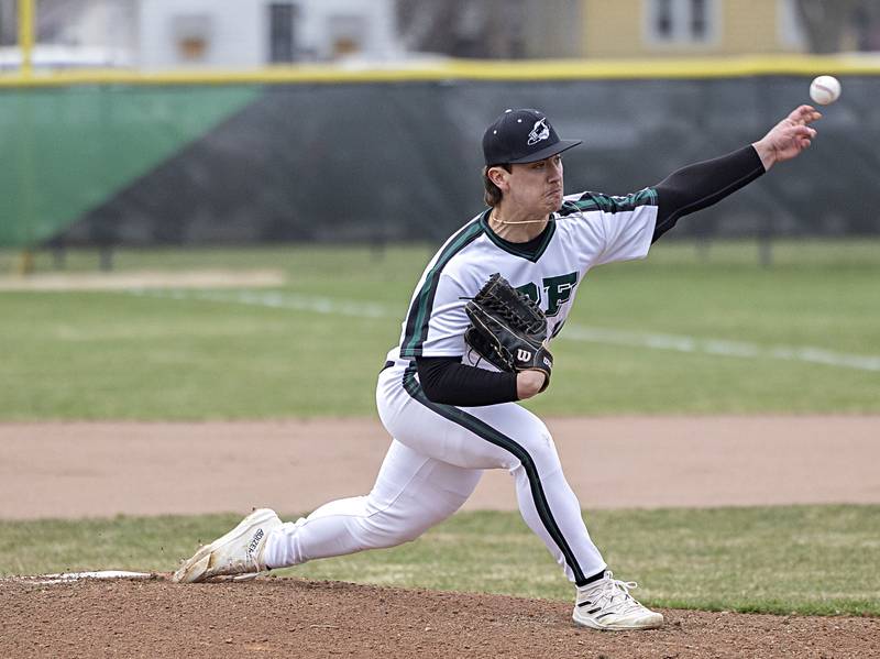 Rock Falls’ Carter Schueler fires a pitch against Sterling Friday, March 29, 2024 at Rock Falls High School.