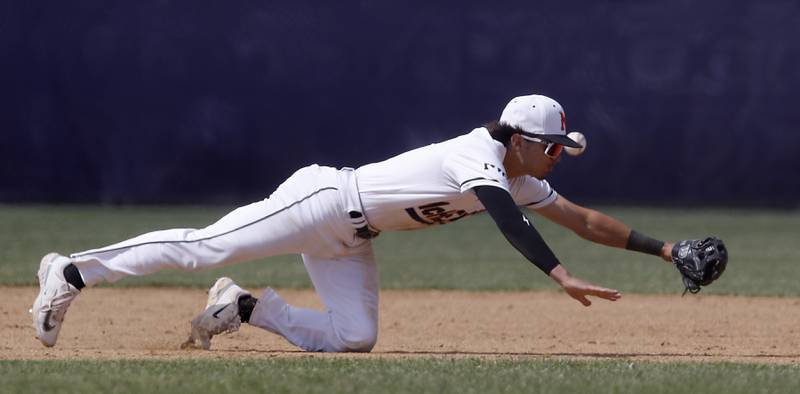 McHenry's Ryan Nagel makes a diving attempt to field the ball during a Class 4A Hampshire sectional baseball game against Hampshire on Wednesday, May 29, 2024, at the Hampshire High School.