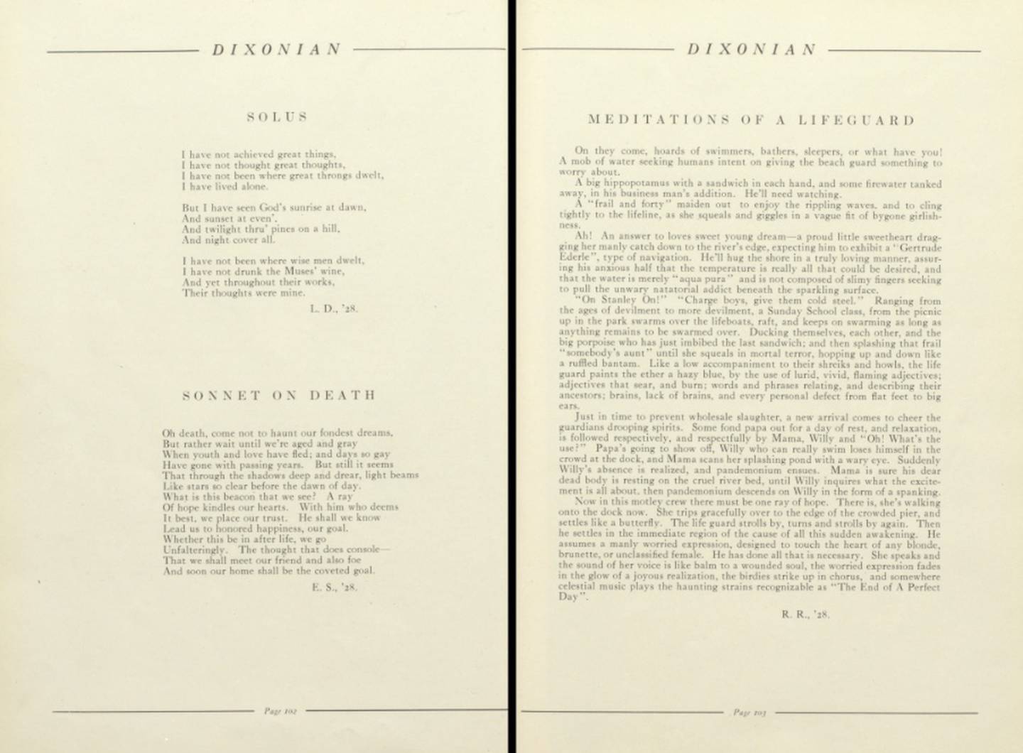 A screenshot of Dixon High School's 1928 yearbook displaying Ronald Reagan's short story "Meditations of a Lifeguard" which discusses some of his experience working as a lifeguard at Lowell Park's swimming area along the Rock River in the 1920s.